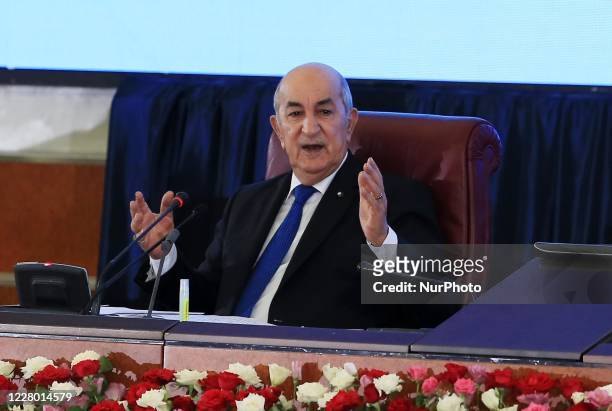 Algerian President Abdelmadjid Tebboune, during the Walis government meeting, at the Palais des Nations, in Algiers, Algeria on August 12, 2020