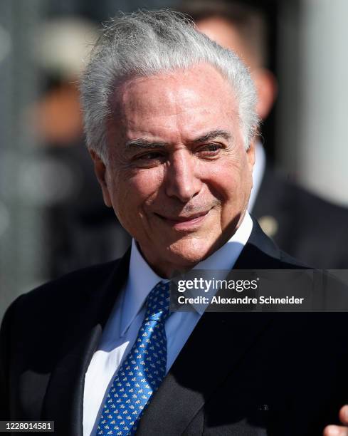 Brazil's former President Michel Temer, designated to represent Brazil in the Mission to help Lebanon, smiles during a visit to BASP to accompany the...