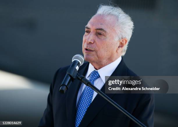 Brazil's former President Michel Temer, designated to represent Brazil in the mission to help Lebanon, speaks during a visit to BASP to accompany the...