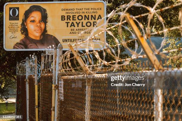 Billboard featuring a picture of Breonna Taylor and calling for the arrest of police officers involved in her death is seen on August 11, 2020 in...