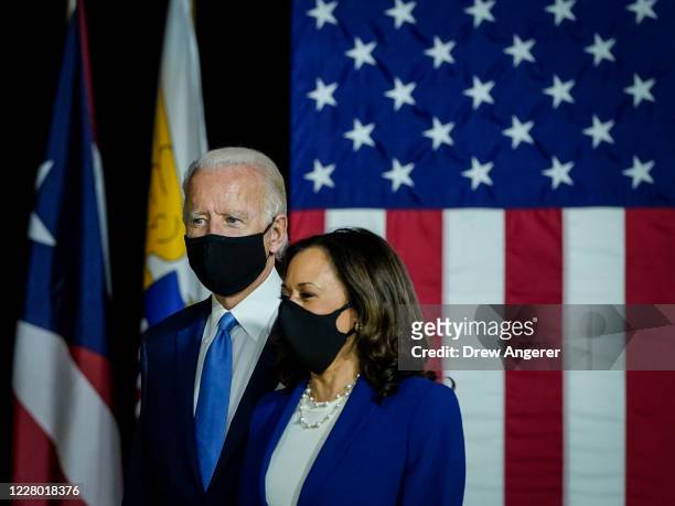 Democratic presidential candidate former Vice President Joe Biden and his running mate Sen. Kamala Harris arrive to deliver remarks at the Alexis...