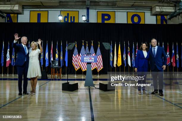 Presumptive Democratic presidential nominee former Vice President Joe Biden, with his wife Dr. Jill Biden, and his running mate Sen. Kamala Harris ,...