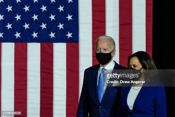 Presumptive Democratic presidential nominee former Vice President Joe Biden and his running mate Sen. Kamala Harris arrive to deliver remarks at the...