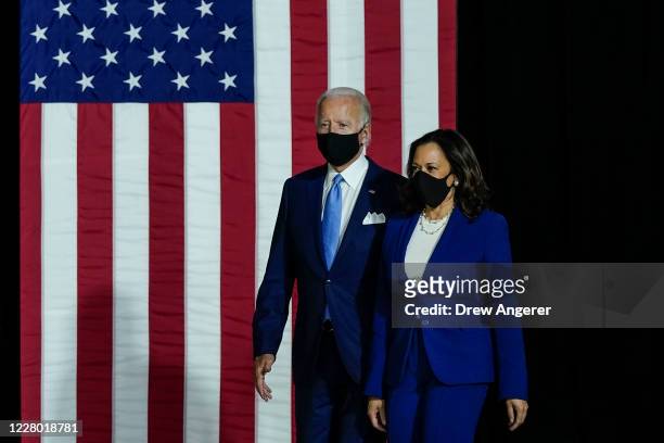 Presumptive Democratic presidential nominee former Vice President Joe Biden and his running mate Sen. Kamala Harris arrive to deliver remarks at the...