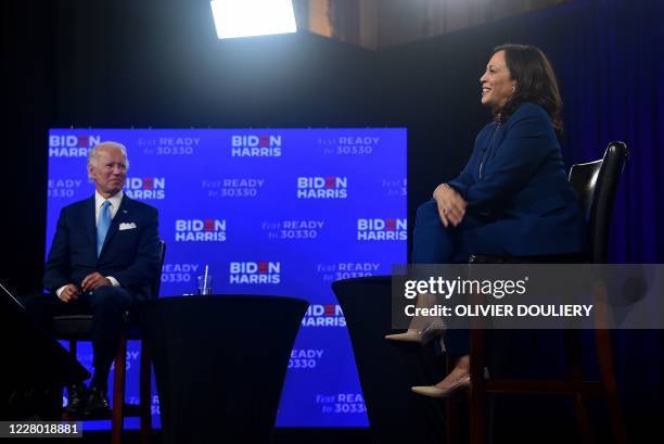 Democratic presidential nominee and former US Vice President Joe Biden and vice presidential running mate, US California Senator Kamala Harris,...