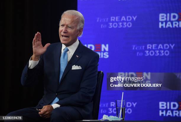 Democratic presidential nominee and former US Vice President Joe Biden speaks during a virtual grassroots fundraiser along his vice presidential...