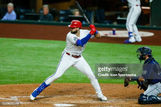 Texas Rangers center fielder Joey Gallo looks for a pitch during the game between the Texas Rangers and the Seattle Mariners on August 12, 2020 at...