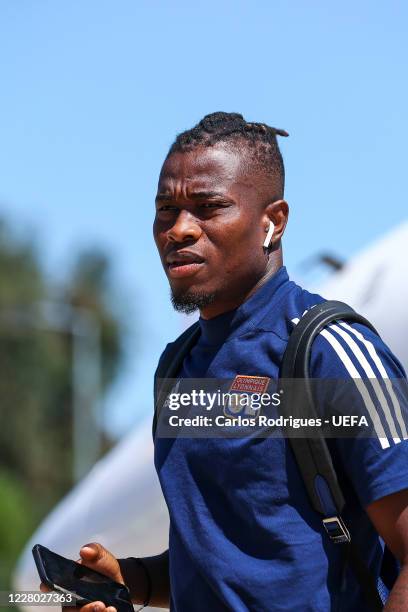 Olympique Lyonnais defender Mapou Yanga Mbiwa arrives in Lisbon with the Olympique Lyonnais team for the Champions League ate Humberto Delgado...