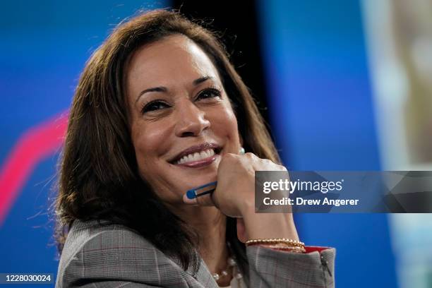 Sen. Kamala Harris , running mate of Presumptive Democratic presidential nominee former Vice President Joe Biden, attends a coronavirus briefing at a...