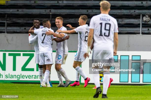 Players from Ostersund FK celebrate the 0-1 goal during the Allsvenskan match between Djurgardens IF and Hammarby IF at Tele2 Arena on August 9, 2020...