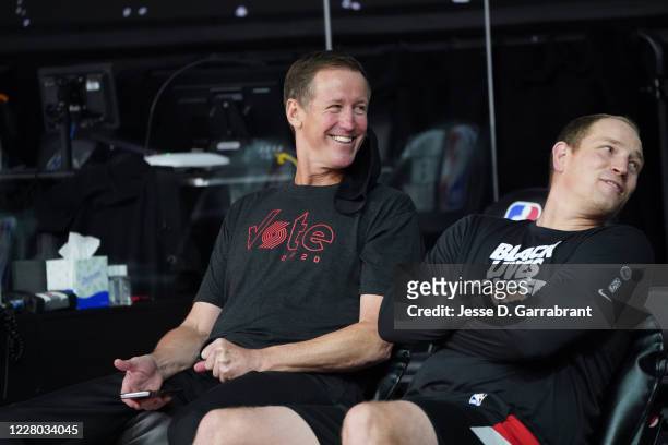 Orlando, FL Head Coach Terry Stotts of the Portland Trail Blazers smiles prior to a game against the Brooklyn Nets on August 13, 2020 at the...