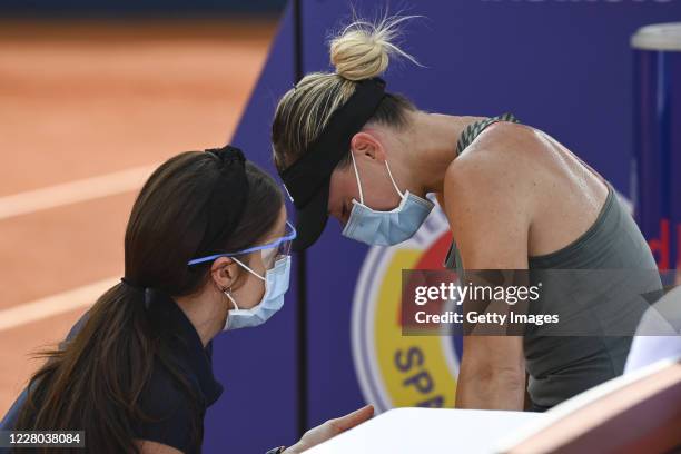 Ana Bogdan of Romania reacts to an injury in her Women's Singles Quarter Final match against Kristyna Pliskova of Czech Republic during the WTA 2020...