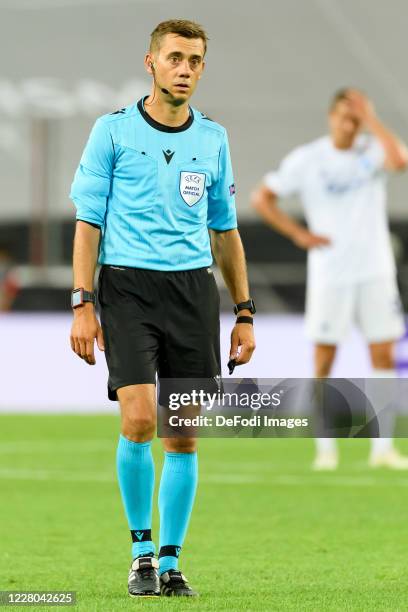 Referee Franzose Clement Turpin looks on during the UEFA Europa League Quarter Final between Manchester United and FC Kobenhavn at...