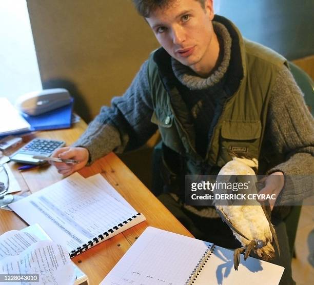 Un employé du centre de la Ligue pour la protection des oiseaux relève le 03 janvier 2003 à Ares, l'identité d'un guillemot qui a été bagué dans le...