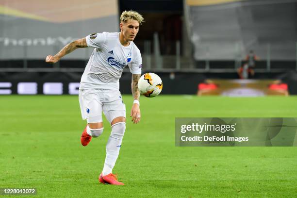 Guillermo Varela of FC Kopenhagen controls the ball during the UEFA Europa League Quarter Final between Manchester United and FC Kobenhavn at...