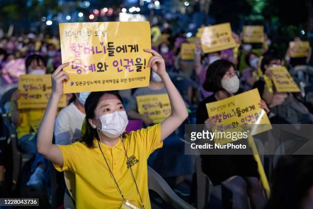 Hundreds of people gather for a rally to mark the International Memorial Day for Comfort Women on August 14, 2020 in Seoul, South Korea. In 2018,...
