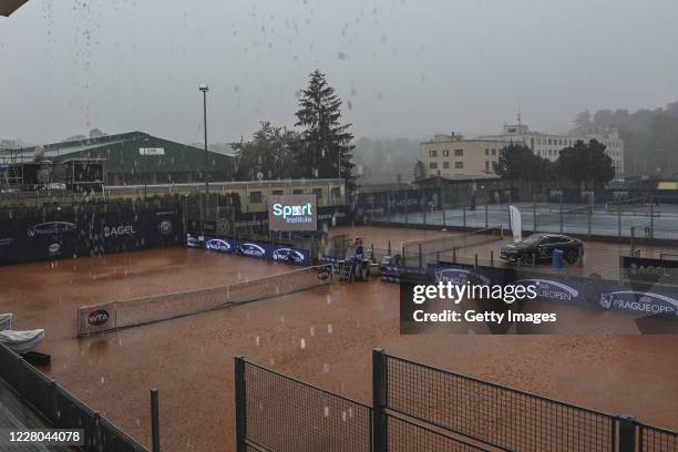 Play is suspended due to rain during the Women's Singles Quarter Final match between Irina-Camelia Begu of Romania and Sara Sorribes Tormo of Spain...