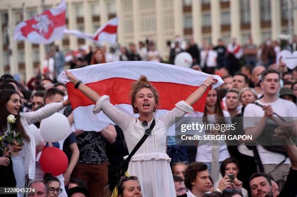 Woman shouts as she holds a Belarus flag during a protest rally against police violence at recent rallies of opposition supporters, who accuse...