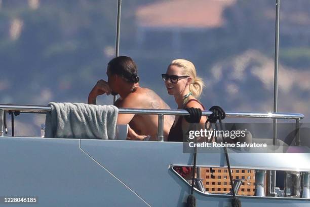 Zlatan Ibrahimovic and Helena Seger are seen on a yacht on August 14, 2020 in Sassari, Italy.