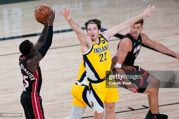 Kendrick Nunn of the Miami Heat shoots against T.J. Leaf of the Indiana Pacers during the first half of an NBA basketball game at AdventHealth Arena...