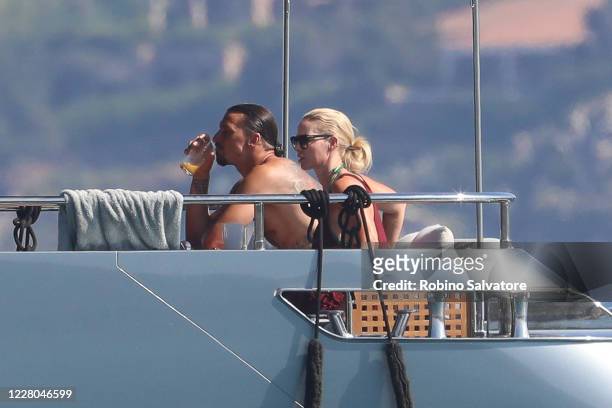 Zlatan Ibrahimovic and Helena Seger are seen on a yacht on August 14, 2020 in Sassari, Italy.