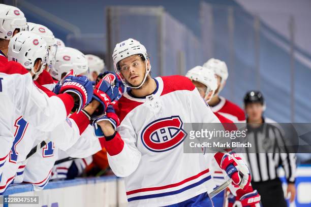 Jesperi Kotkaniemi of the Montreal Canadiens celebrates his second goal of the game against the Philadelphia Flyers during the third period in Game...