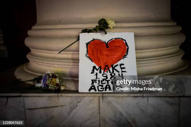 Protestors leave signs on the steps of KGB office during an opposition rally on August 14, 2020 in Minsk, Belarus. There have been nightly protests...