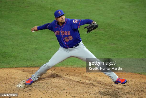 Dellin Betances of the New York Mets throws a pitch in the seventh inning during a game against the Philadelphia Phillies at Citizens Bank Park on...