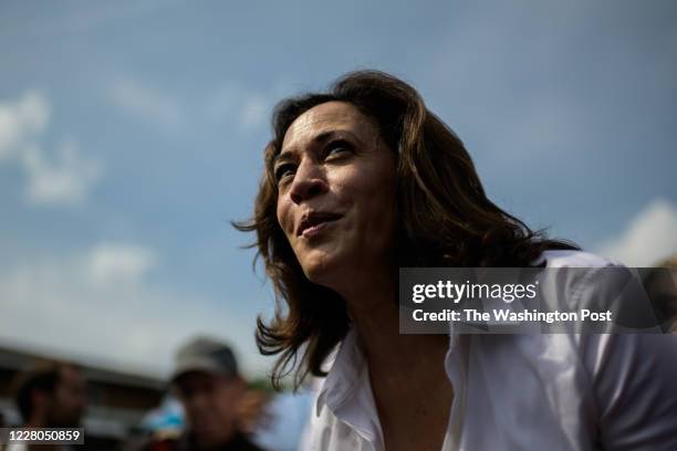 Sen. Kamala Harris, D-Calif, 2020 Democratic Presidential Candidate, reacts after meeting a baby at the Iowa State Fair on Saturday, August 10 in Des...