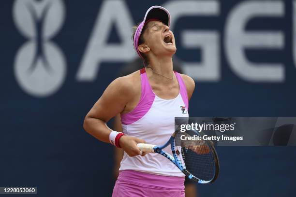 Irina-Camelia Begu of Romania competes in her Women's Singles Quarter Final match against Sara Sorribes Tormo of Spain during the WTA Prague Open...