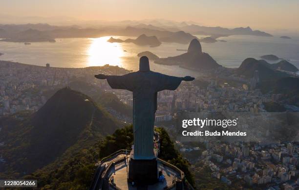 An aerial view of the statue of Christ the Redeemer amidst the coronavirus pandemic on August 15, 2020 in Rio de Janeiro, Brazil. After five months...