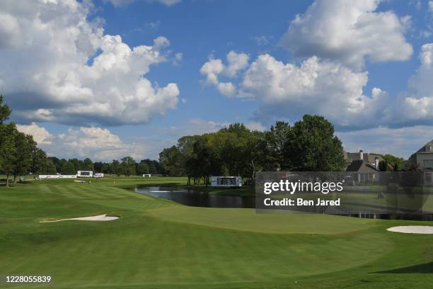 View of the 18th hole during the final round of the World Golf Championships-FedEx St. Jude Invitational at TPC Southwind on August 2 in Memphis,...