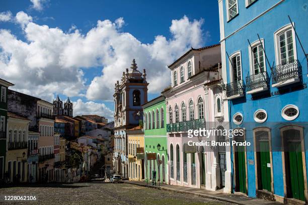 Empty street at Ladeira do Pelourinho amidst the coronavirus pandemic on August 15, 2020 in Salvador, Brazil. The city of Salvador started easing the...