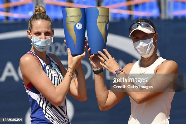 Lucie Hradecka and Kristyna Pliskova of Czech Republic pose with the winning trophies after the Women's Doubles Final against Monica Niculescu and...