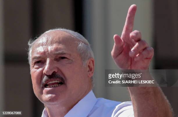 Belarus' President Alexander Lukashenko delivers a speech during a rally held to support him in central Minsk, on August 16, 2020. - The Belarusian...