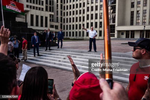President of Belarus, Alexander Lukashenko, speaks at a pro-Lukashenko rally on August 16, 2020 in Minsk, Belarus. There have been daily...