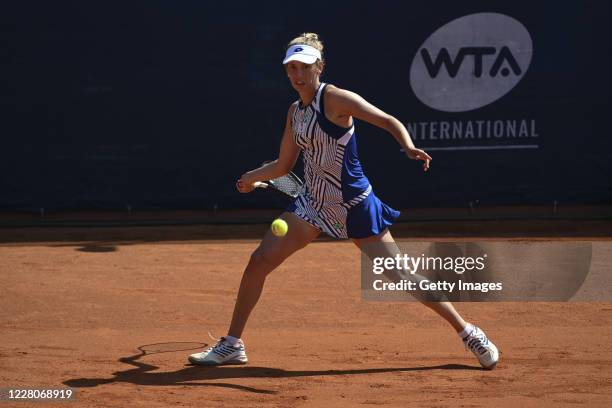 Elise Mertens of Belgium competes in the Women's Singles Final against Simona Halep of Romania during the WTA Prague Open tennis tournament at TK...