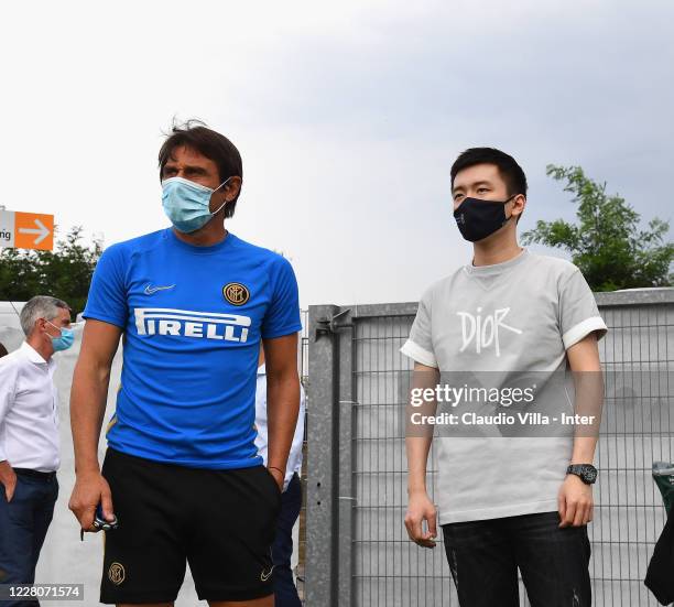 President FC Internazionale Steven Zhang Kangyang and head coach FC Internazionale Antonio Conte pose for a photo before a training session on August...