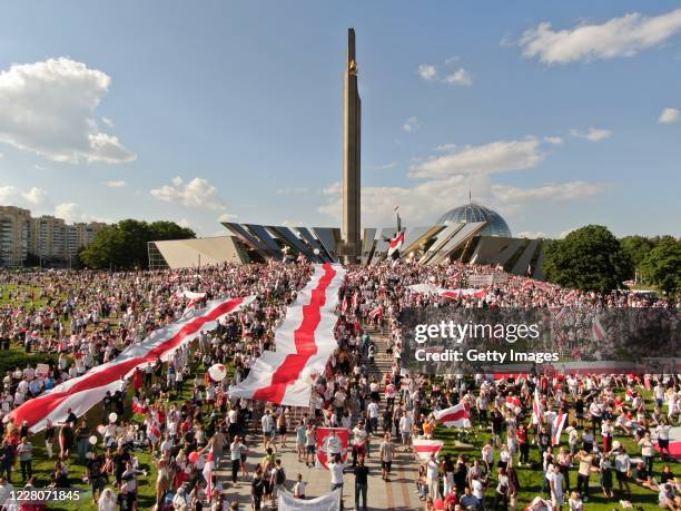 An aerial view of protesters during a demonstration on August 16, 2020 in Minsk, Belarus. There have been daily demonstrations in the Belarusian...