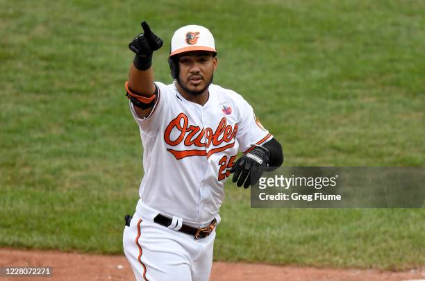 Anthony Santander of the Baltimore Orioles celebrates after hitting a home run in the seventh inning against the Washington Nationals at Oriole Park...