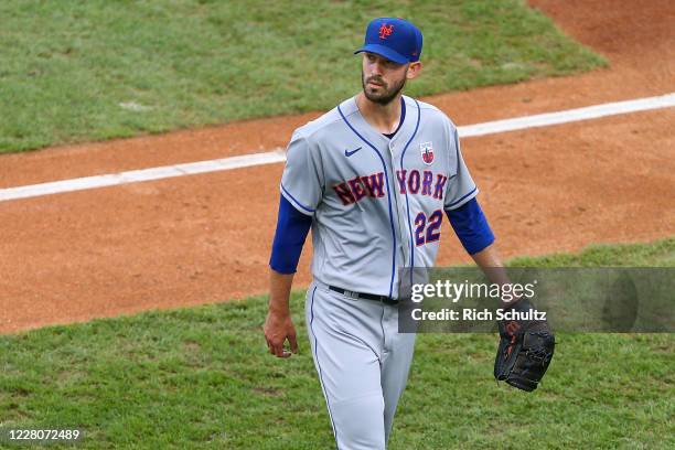 Pitcher Rick Porcello of the New York Mets walks off the mound after the final out of the sixth inning against the Philadelphia Phillies during an...