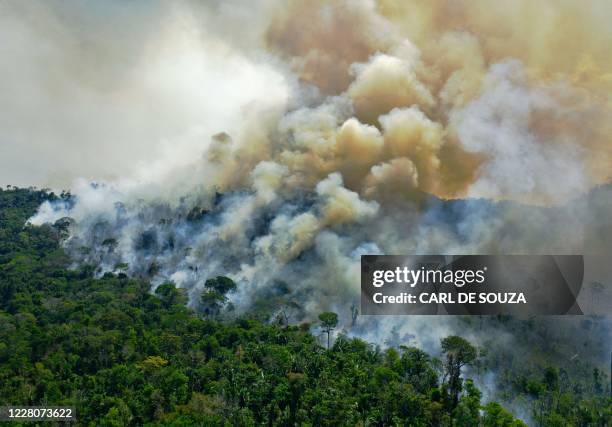 Aerial view of a burning area of Amazon rainforest reserve, south of Novo Progresso in Para state, on August 16, 2020.