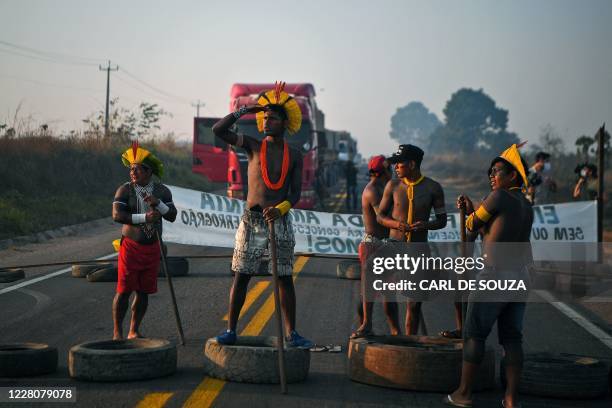 Members of the Kayapo tribe block the BR163 highway during a protest outside Novo Progresso in Para state, Brazil on August 17, 2020. Indigenous...