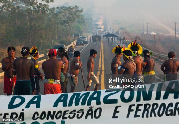 Members of the Kayapo tribe block highway BR163 during a protest on the outskirts of Novo Progresso in Para State, Brazil, on August 17, 2020 amid...