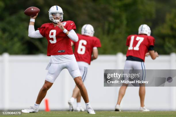 Jacob Eason of the Indianapolis Colts is seen during opening day of training camp at Indiana Farm Bureau Football Center on August 17, 2020 in...