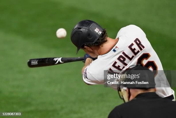 Max Kepler of the Minnesota Twins hits an RBI single against the Kansas City Royals during the sixth inning of the game at Target Field on August 17,...