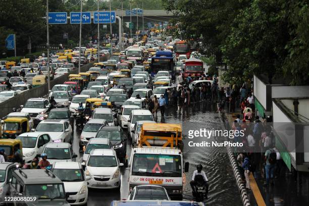 Heavy traffic congestion at ITO Bridge due to water logging after heavy rain on August 17, 2020 in New Delhi, India.