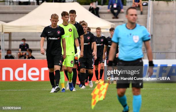 Midtjylland players walking into the pitch before the UEFA Youth League 2019/20 Quarter-final match between FC Midtjylland and AFC Ajax at Colovray...
