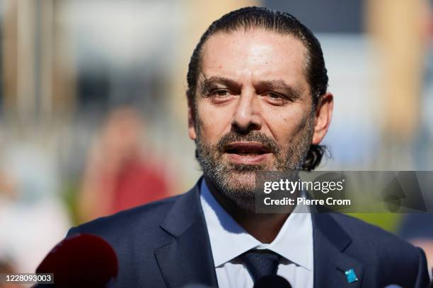 Former Prime Minister Saad Hariri gives a statement to the press outside the Lebanon Tribunal on August 18, 2020 in The Hague, Netherlands. The...