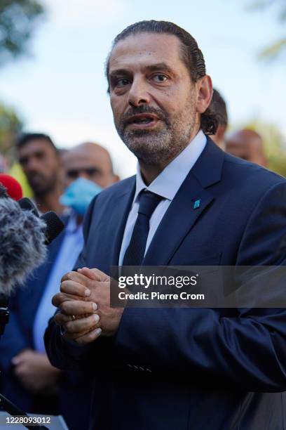 Former Prime Minister Saad Hariri gives a statement to the press outside the Lebanon Tribunal on August 18, 2020 in The Hague, Netherlands. The...